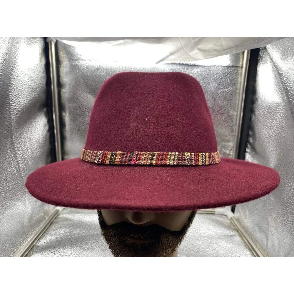 Unbranded‎ Fedora Women OS Burgundy Wool Felt Wide Brim Tribal Band Boho Western